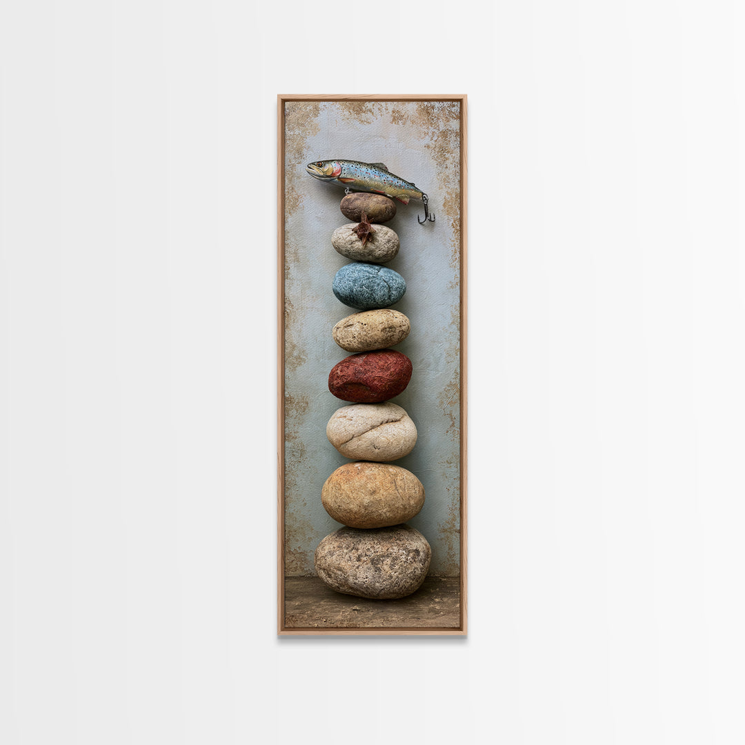 Trout Fishing Lure and River Stones Canvas Print, Rustic Art, Farmhouse Wall Art, Farmhouse Decor, Rustic, Statement Artwork, RUS-1x3-2