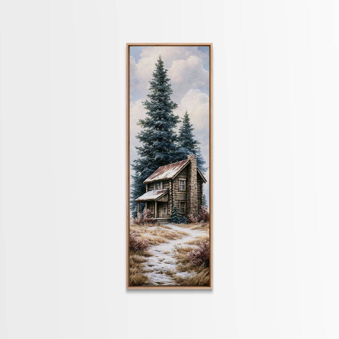 Log Cabin with Snowy Pines Canvas Print, Rustic Art, Digital Prints, Farmhouse Decor, Oil Painting, Rustic, 3d Wall Art, RUS-1x3-27