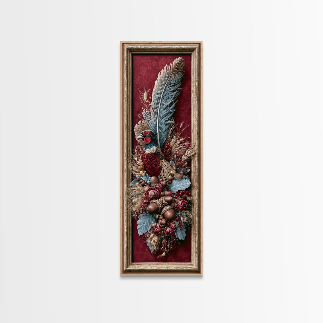 Pheasant Feathers and Acorns Arrangement Canvas Print, Rustic Art, Room Decor, Farmhouse Decor, Fine Art, Rustic, Oil Painting, RUS-1x3-28