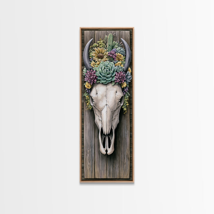Cow Skull with Desert Flowers Framed Canvas Print, Rustic Art, Neutral Decor, Farmhouse Decor, Fine Art, Rustic, Home Decor, RUS-1x3-29