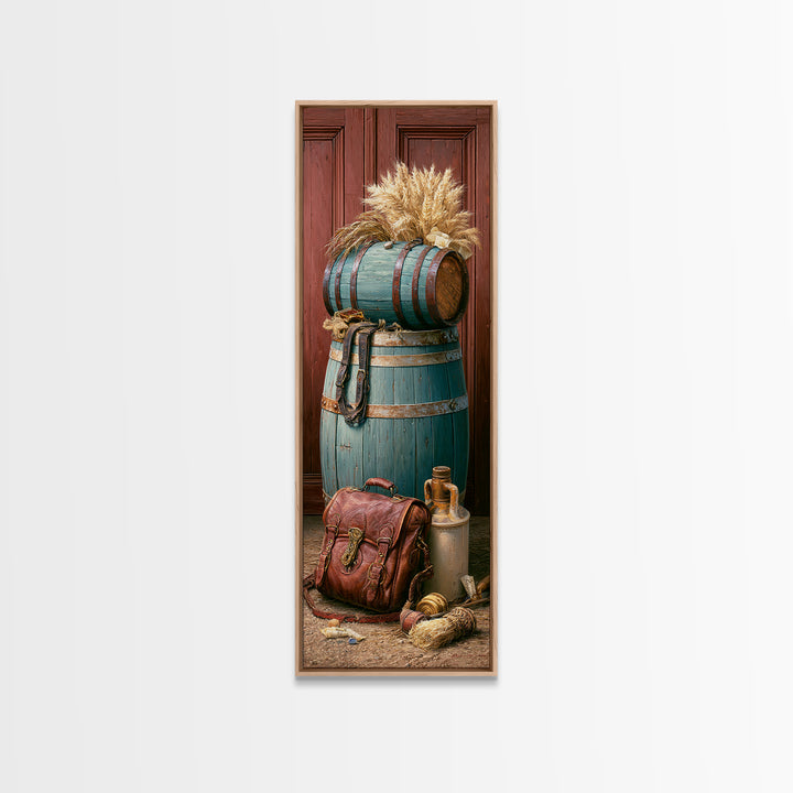 Whiskey Barrel and Leather Still Life Framed Canvas Print, Rustic Art, Art Print, Farmhouse Decor, Watercolor Art, Rustic, RUS-1x3-31