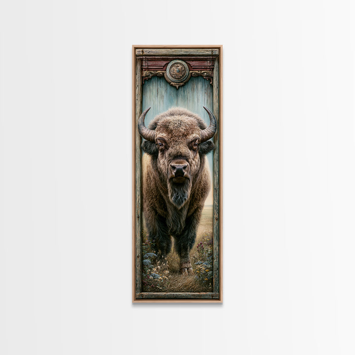 Buffalo Portrait with Western Texture Framed Canvas Print, Rustic Art, Gallery Wall Art, Farmhouse Decor, Fine Art, Rustic, RUS-1x3-34