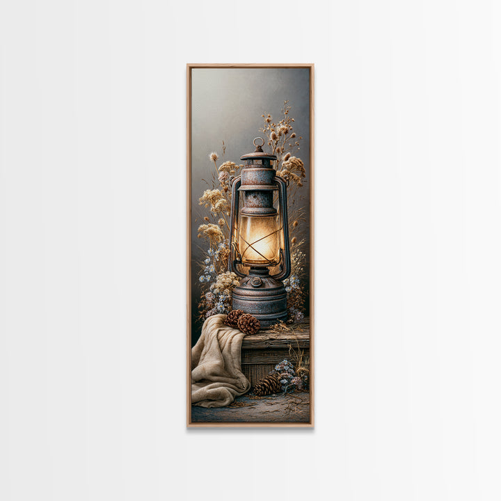 Rustic Lantern Glowing Beside Pinecones Canvas Print, Rustic Art, Digital Prints, Farmhouse Decor, Rustic, 3d Wall Art, RUS-1x3-40