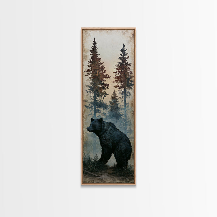 Bear Silhouette Among Pine Trees Canvas Print, Rustic Art, Oil Painting, Farmhouse Decor, Fine Art, Rustic, Modern Art, RUS-1x3-43