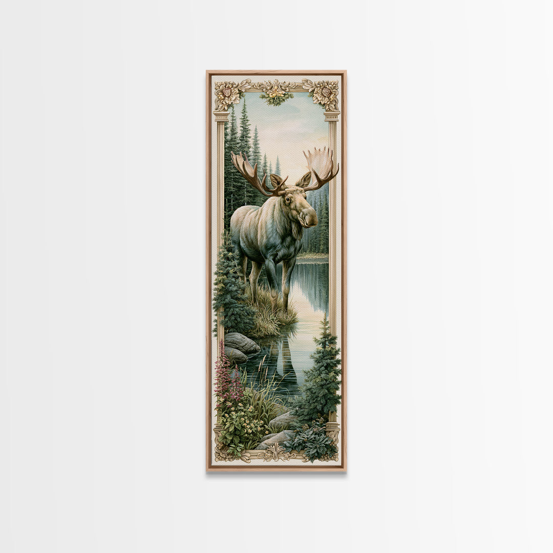 Moose Standing by a Quiet Lake Framed Canvas Print, Rustic Art, Boho Decor, Farmhouse Decor, Fine Art, Rustic, Art Print, RUS-1x3-45