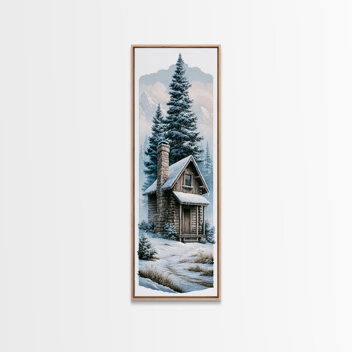 Log Cabin with Snowy Pines Canvas Print, Rustic Art, Boho Wall Art, Farmhouse Decor, Abstract Art, Rustic, Downloadable Art, RUS-1x3-51