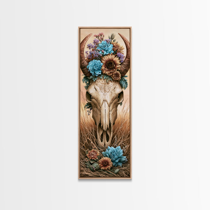 Cow Skull with Desert Flowers Framed Canvas Print, Rustic Art, Neutral Decor, Farmhouse Decor, Fine Art, Rustic, Home Decor, RUS-1x3-53