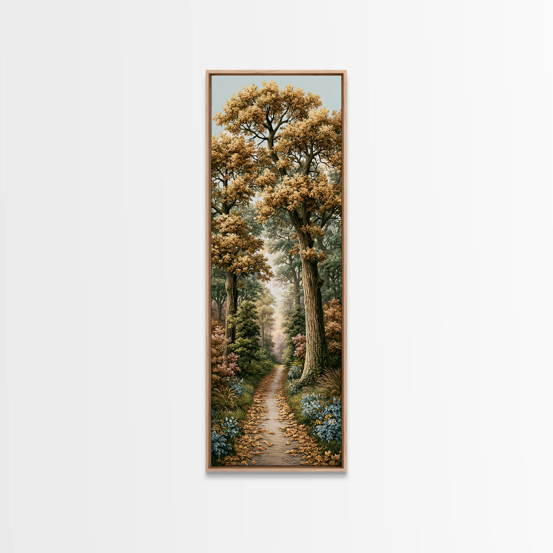 Forest Path with Golden Autumn Leaves Framed Canvas Print, Rustic Art, Portrait Painting, Farmhouse Decor, Fine Art, Rustic, RUS-1x3-54