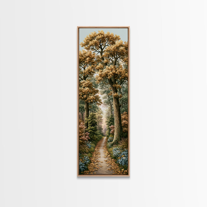 Forest Path with Golden Autumn Leaves Framed Canvas Print, Rustic Art, Portrait Painting, Farmhouse Decor, Fine Art, Rustic, RUS-1x3-54