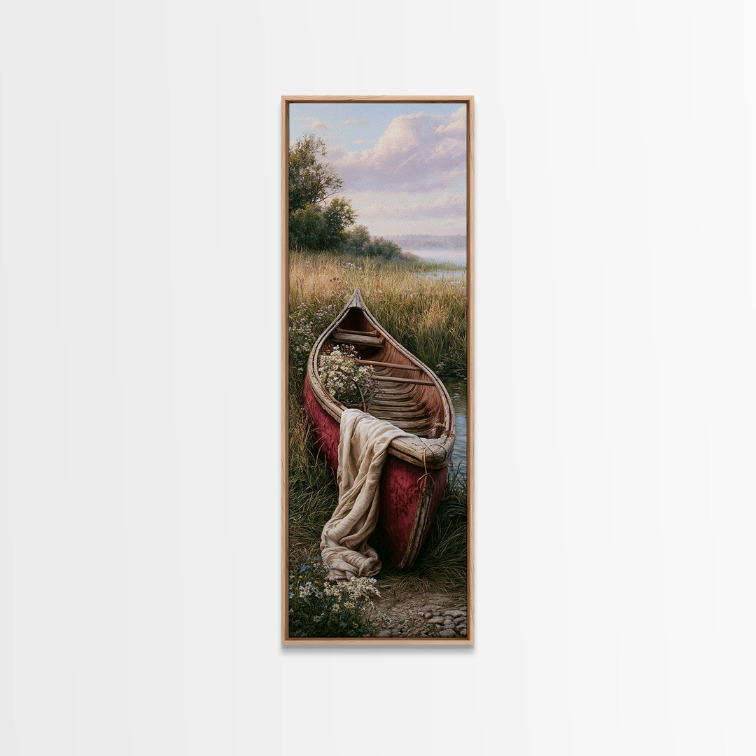 Old Canoe Pulled Onto a Lake Shore Canvas Print, Rustic Art, Oil Painting, Farmhouse Decor, Fine Art, Rustic, Modern Art, RUS-1x3-56