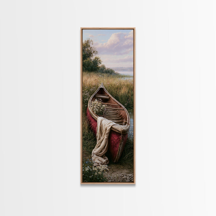 Old Canoe Pulled Onto a Lake Shore Canvas Print, Rustic Art, Oil Painting, Farmhouse Decor, Fine Art, Rustic, Modern Art, RUS-1x3-56