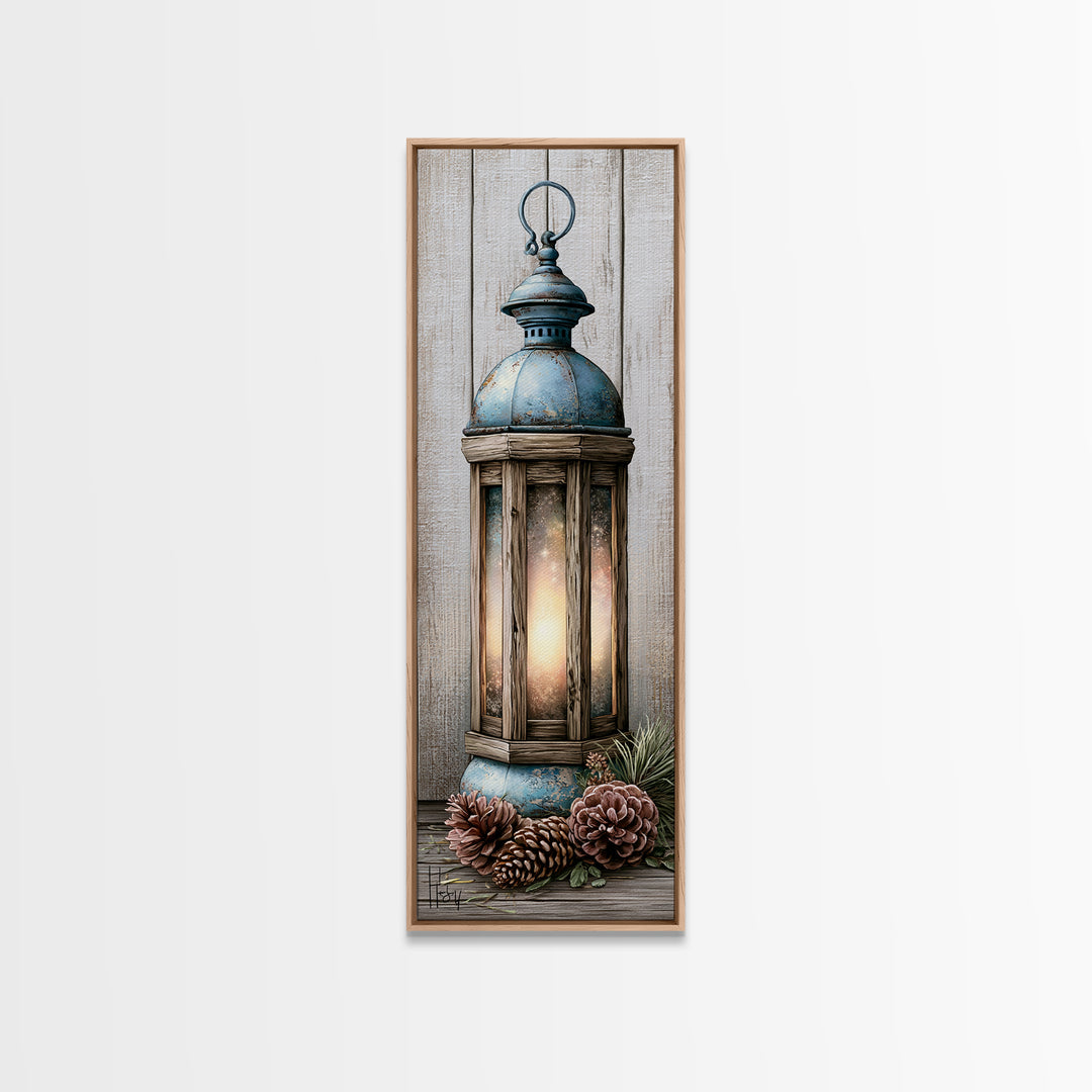 Rustic Lantern Glowing Beside Pinecones Framed Canvas Print, Rustic Art, Wood Wall Art, Farmhouse Decor, Fine Art, Rustic, RUS-1x3-64