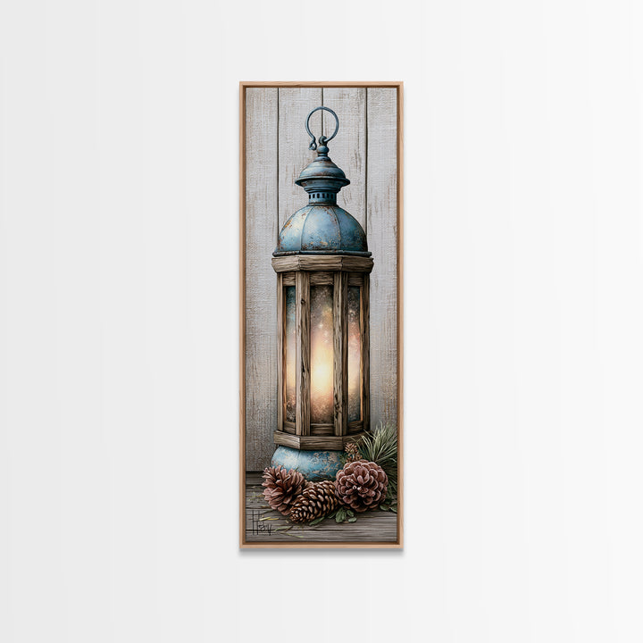 Rustic Lantern Glowing Beside Pinecones Framed Canvas Print, Rustic Art, Wood Wall Art, Farmhouse Decor, Fine Art, Rustic, RUS-1x3-64