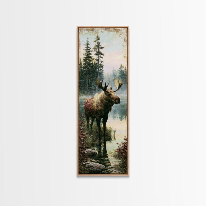 Moose Standing by a Quiet Lake Framed Canvas Print, Rustic Art, Boho Decor, Farmhouse Decor, Fine Art, Rustic, Art Print, RUS-1x3-69