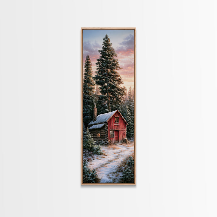 Log Cabin with Snowy Pines Framed Canvas Print, Rustic Art, Landscape Painting, Farmhouse Decor, Fine Art, Rustic, Modern Decor, RUS-1x3-75