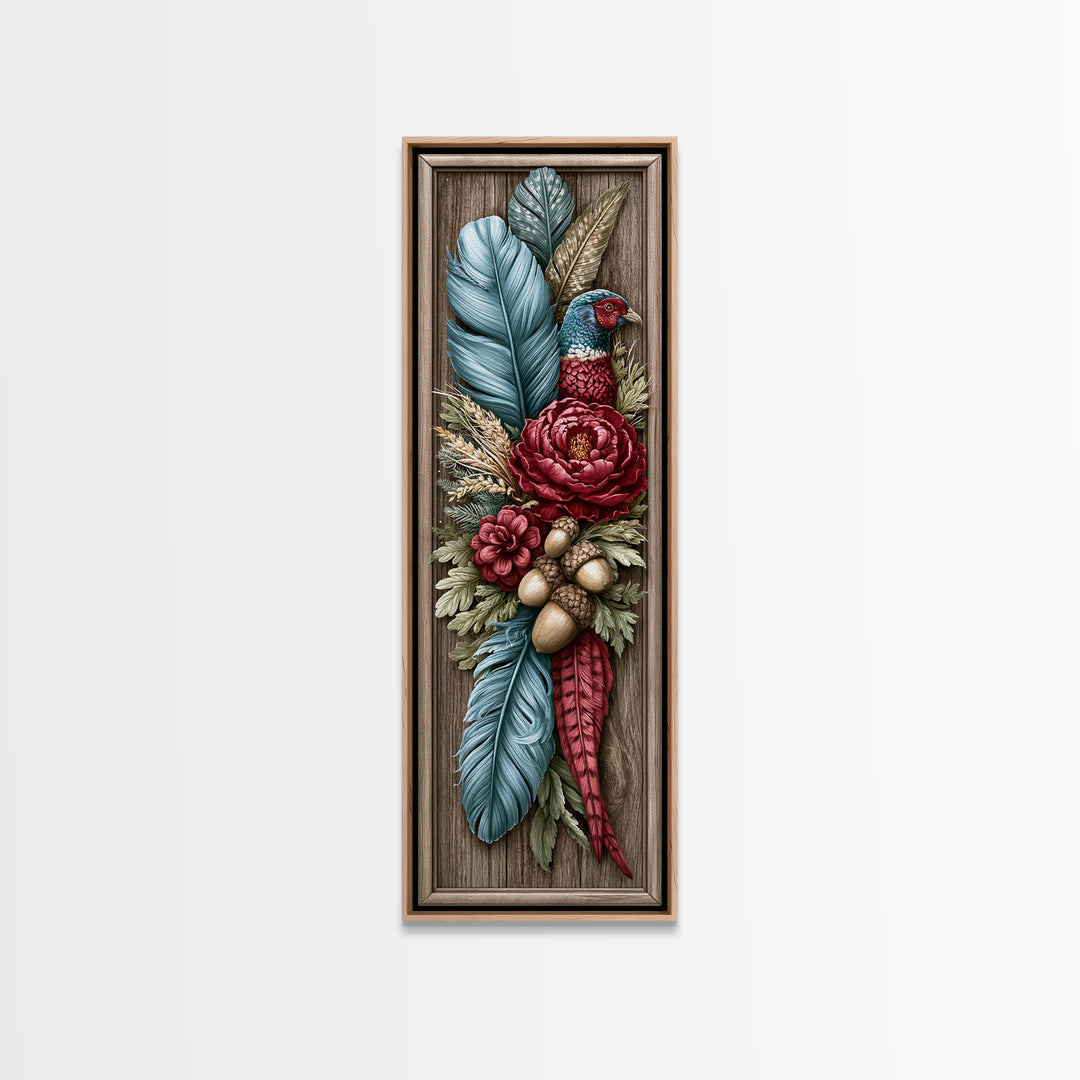 Pheasant Feathers and Acorns Arrangement Framed Canvas Print, Rustic Art, Farmhouse Decor, Oil Painting, Rustic, RUS-1x3-76
