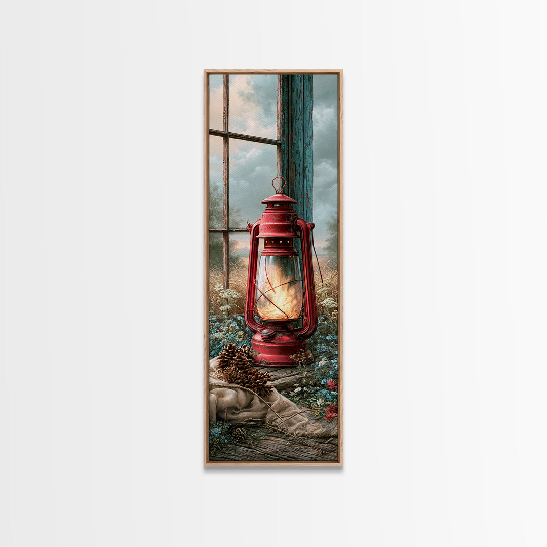 Rustic Lantern Glowing Beside Pinecones Canvas Print, Rustic Art, Boho Wall Art, Farmhouse Decor, Rustic, Downloadable Art, RUS-1x3-88