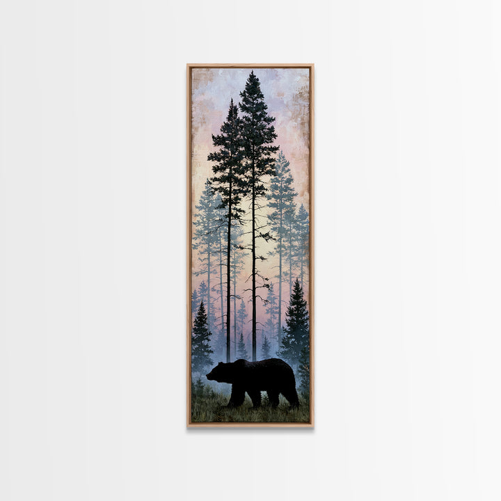 Bear Silhouette Among Pine Trees Framed Canvas Print, Rustic Art, Gallery Wall Art, Farmhouse Decor, Oil Painting, Rustic, RUS-1x3-91