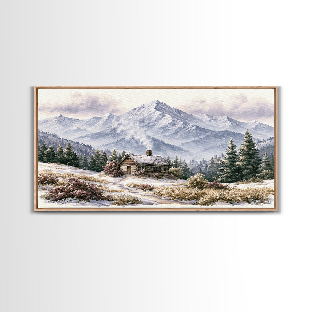 Winter Mountain Scene Framed Canvas Print, Rustic Art, Landscape Wall Art, Farmhouse Decor, Fine Art, Rustic, Luxury Decor, RUS-2x1-19