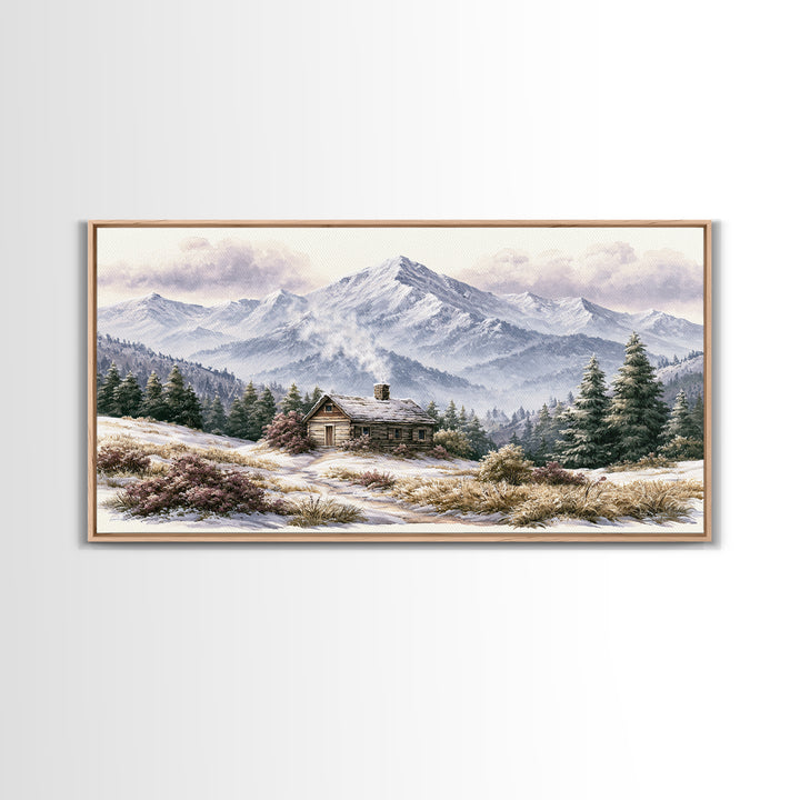 Winter Mountain Scene Framed Canvas Print, Rustic Art, Landscape Wall Art, Farmhouse Decor, Fine Art, Rustic, Luxury Decor, RUS-2x1-19