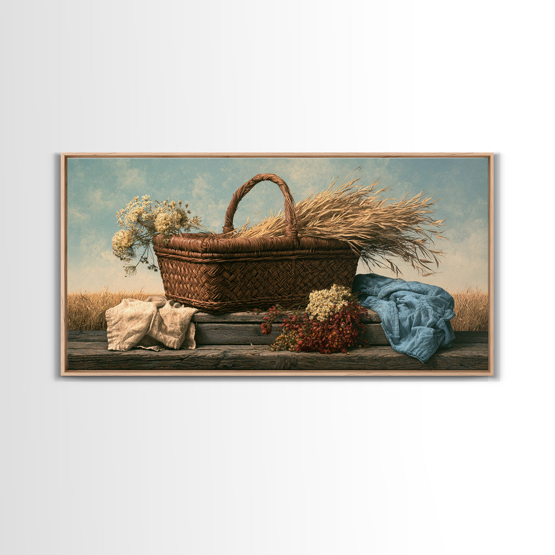 Handwoven Basket with Dried Grasses Framed Canvas Print, Rustic Art, Fine Art Print, Farmhouse Decor, Fine Art, Rustic, RUS-2x1-20