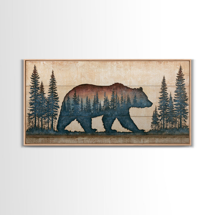 Bear Silhouette Among Pine Trees Framed Canvas Print, Rustic Art, Modern Decor, Farmhouse Decor, Oil Painting, Rustic, RUS-2x1-27