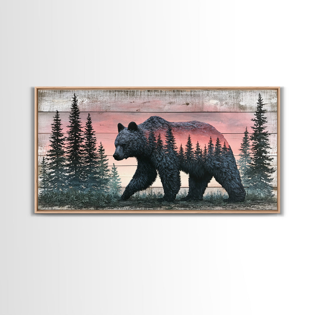Bear Silhouette Among Pine Trees Framed Canvas Print, Rustic Art, Printable Art, Farmhouse Decor, Rustic, Farmhouse Wall Art, RUS-2x1-3