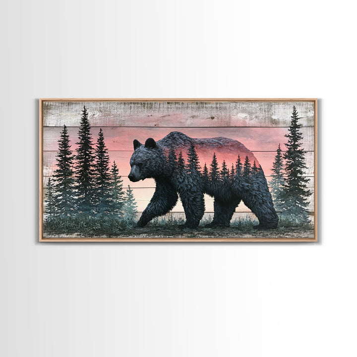 Bear Silhouette Among Pine Trees Framed Canvas Print, Rustic Art, Printable Art, Farmhouse Decor, Rustic, Farmhouse Wall Art, RUS-2x1-3
