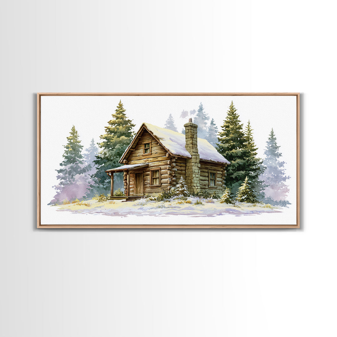 Log Cabin with Snowy Pines Framed Canvas Print, Rustic Art, Farmhouse Decor, Oil Painting, Rustic, Wood Wall Art, RUS-2x1-35