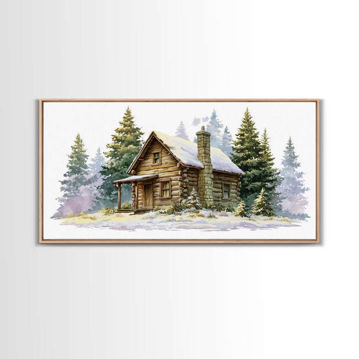 Log Cabin with Snowy Pines Framed Canvas Print, Rustic Art, Farmhouse Decor, Oil Painting, Rustic, Wood Wall Art, RUS-2x1-35
