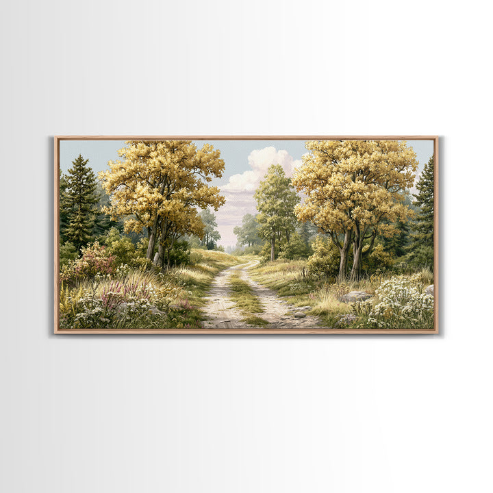 Forest Path with Golden Autumn Leaves Framed Canvas Print, Rustic Art, Modern Decor, Farmhouse Decor, Fine Art, Rustic, RUS-2x1-38