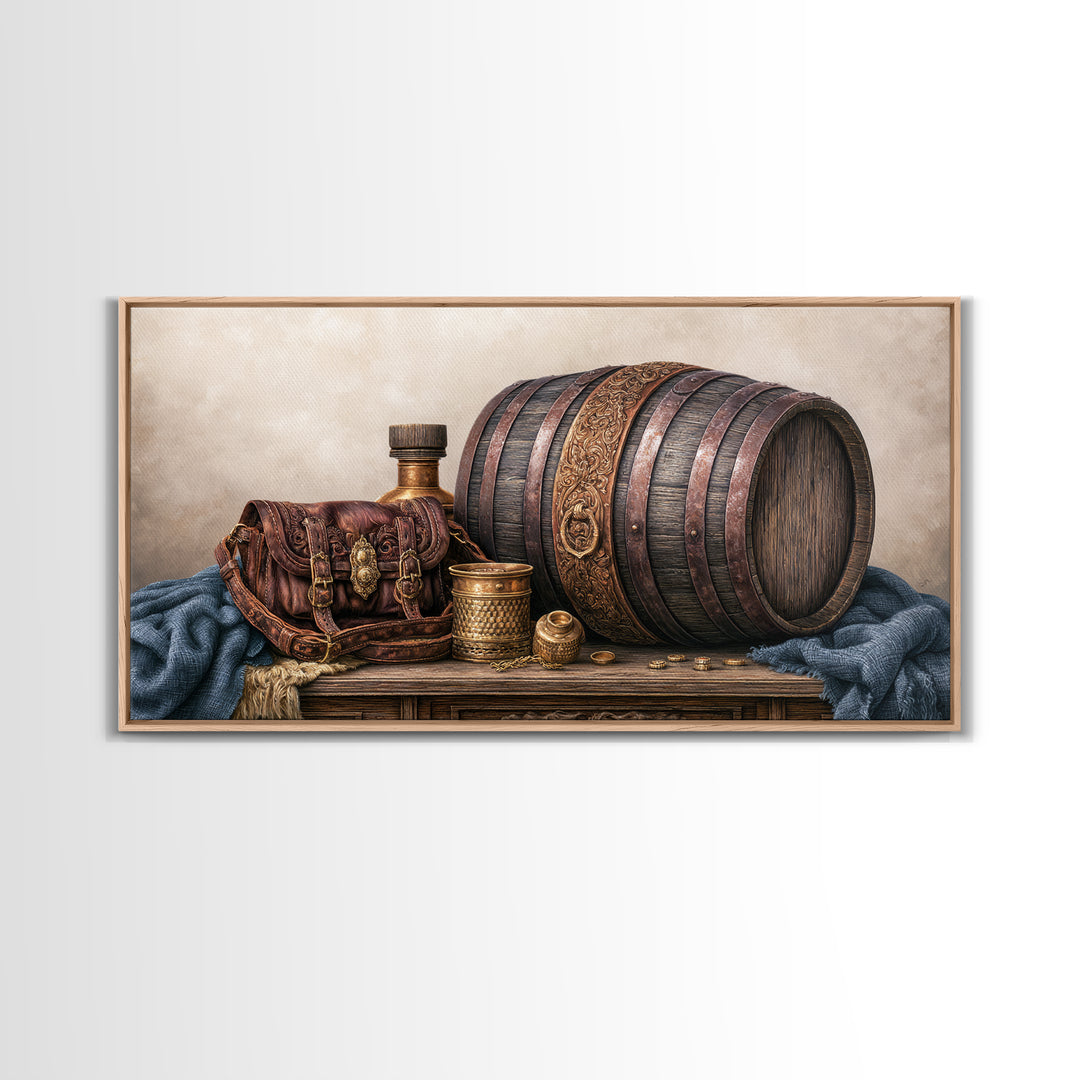 Whiskey Barrel and Leather Still Life Canvas Print, Rustic Art, Digital Prints, Farmhouse Decor, Oil Painting, Rustic, RUS-2x1-39
