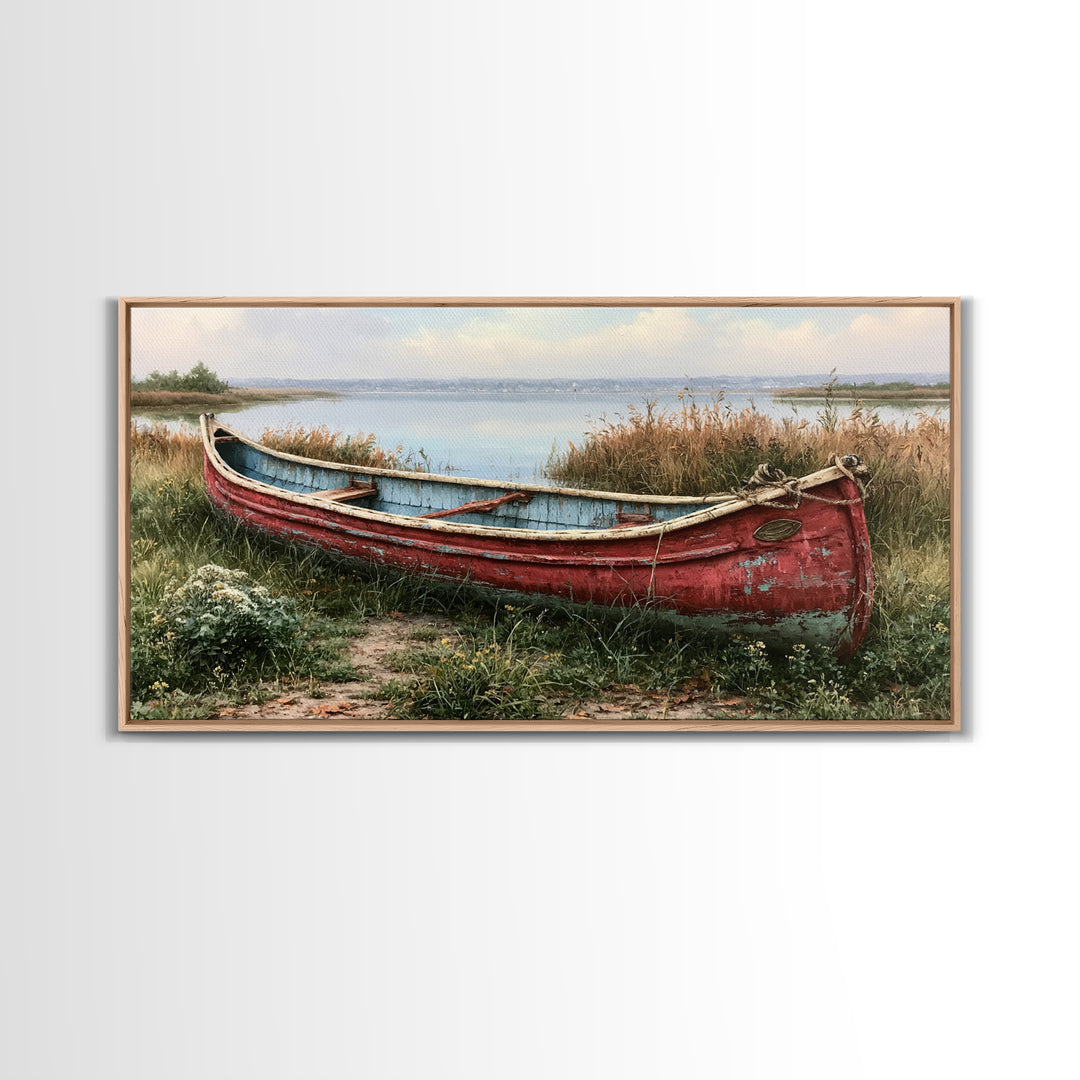 Old Canoe Pulled Onto a Lake Shore Framed Canvas Print, Rustic Art, Home Decor, Farmhouse Decor, Rustic, Living Room Decor, RUS-2x1-40