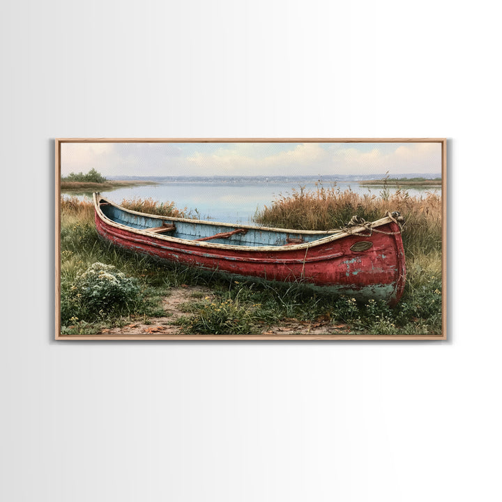 Old Canoe Pulled Onto a Lake Shore Framed Canvas Print, Rustic Art, Home Decor, Farmhouse Decor, Rustic, Living Room Decor, RUS-2x1-40