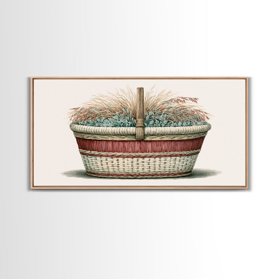 Handwoven Basket with Dried Grasses Canvas Print, Rustic Art, Textured Painting, Farmhouse Decor, Abstract Art, Rustic, RUS-2x1-44