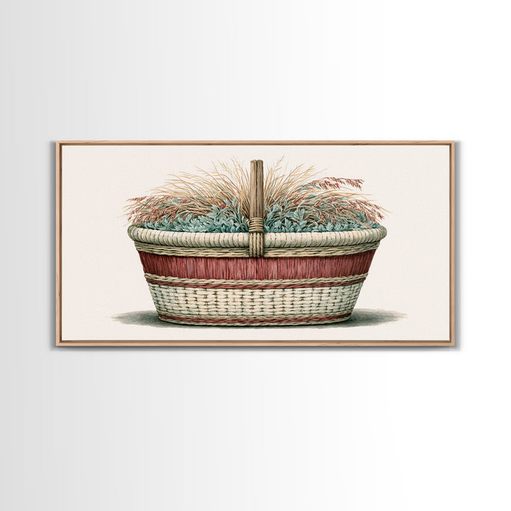 Handwoven Basket with Dried Grasses Canvas Print, Rustic Art, Textured Painting, Farmhouse Decor, Abstract Art, Rustic, RUS-2x1-44