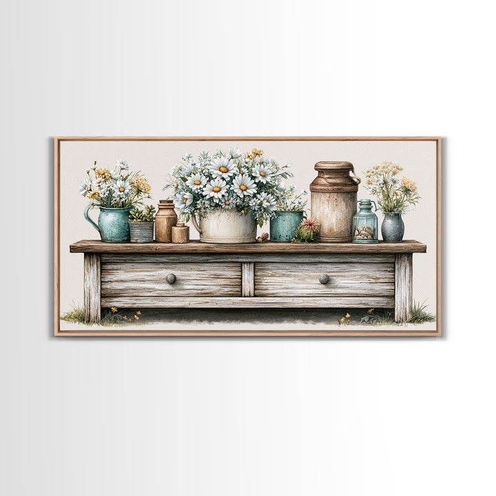 Weathered Barn Wood and Wildflower Still Life Framed Canvas Print, Rustic Art, Digital Art, Farmhouse Decor, Oil Painting, RUS-2x1-45