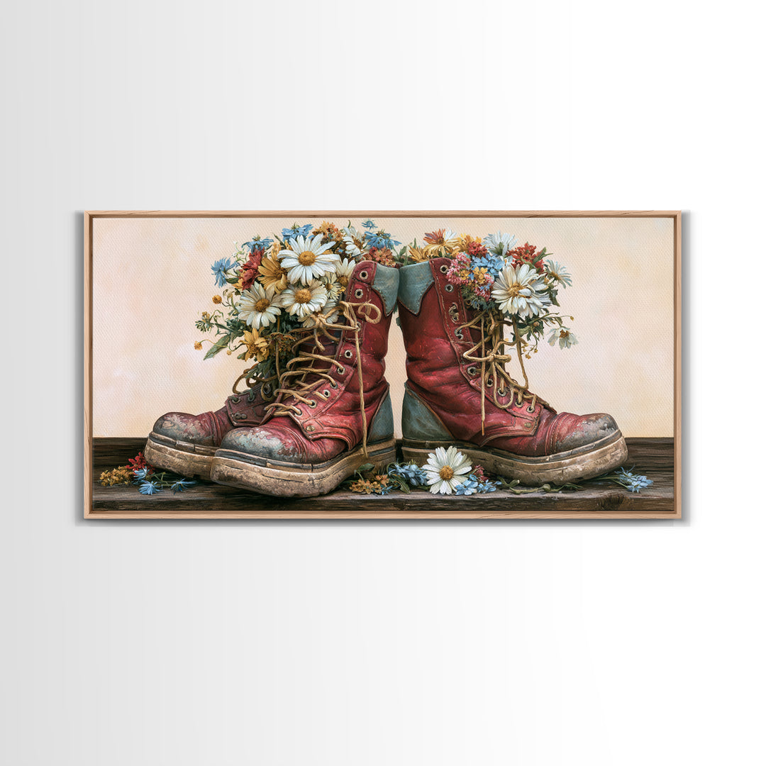 Old Boots Filled Framed Canvas Print, Rustic Art, Minimalist Decor, Farmhouse Decor, Oil Painting, Rustic, Printable Art, RUS-2x1-50