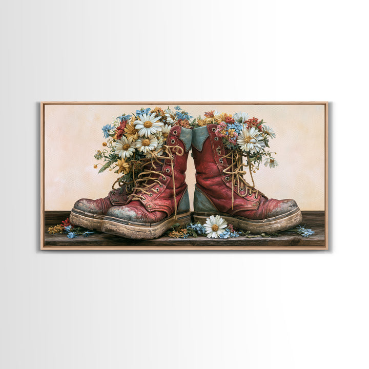 Old Boots Filled Framed Canvas Print, Rustic Art, Minimalist Decor, Farmhouse Decor, Oil Painting, Rustic, Printable Art, RUS-2x1-50
