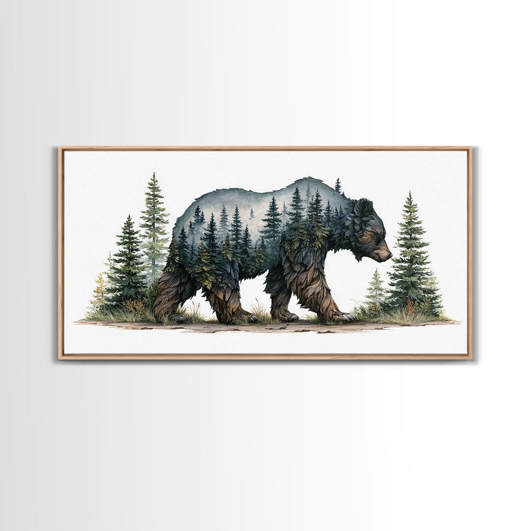 Bear Silhouette Among Pine Trees Framed Canvas Print, Rustic Art, Farmhouse Decor, Watercolor Art, Rustic, Gallery Wall Art, RUS-2x1-51