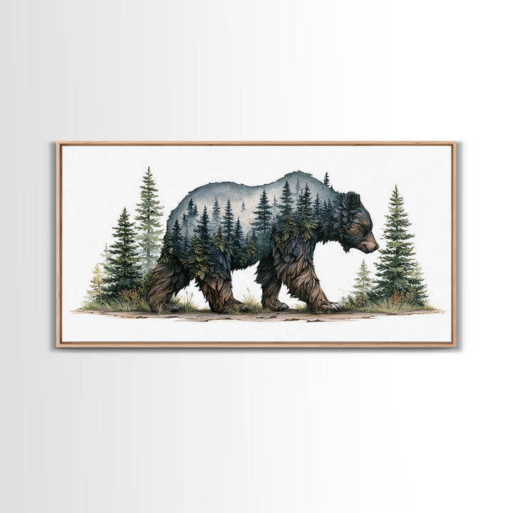 Bear Silhouette Among Pine Trees Framed Canvas Print, Rustic Art, Farmhouse Decor, Watercolor Art, Rustic, Gallery Wall Art, RUS-2x1-51