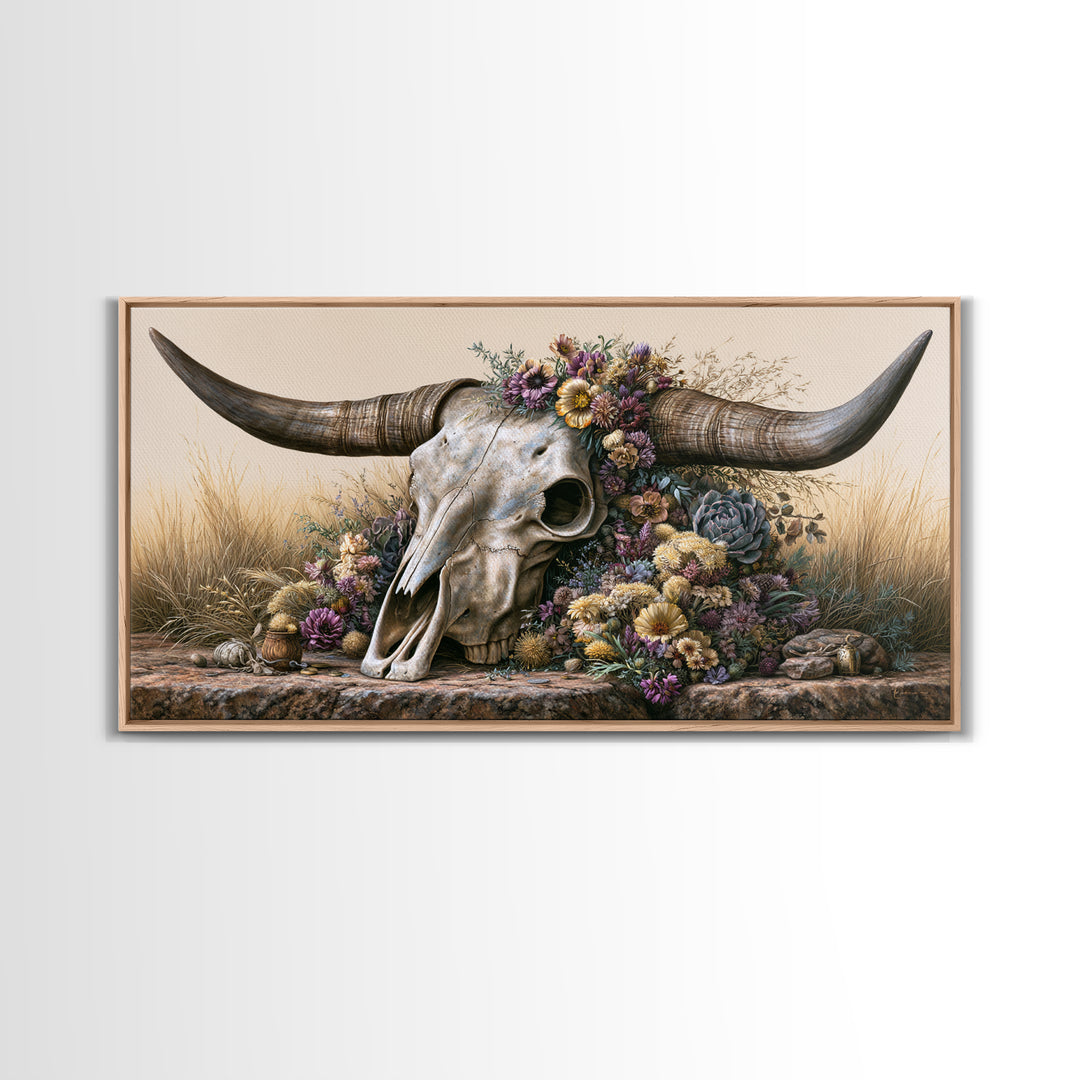Cow Skull with Desert Flowers Canvas Print, Rustic Art, Digital Prints, Farmhouse Decor, Fine Art, Rustic, 3d Wall Art, RUS-2x1-61
