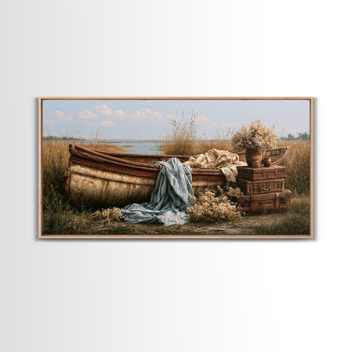 Old Canoe Pulled Onto a Lake Shore Canvas Print, Rustic Art, Printable Wall Art, Farmhouse Decor, Oil Painting, Rustic, RUS-2x1-64