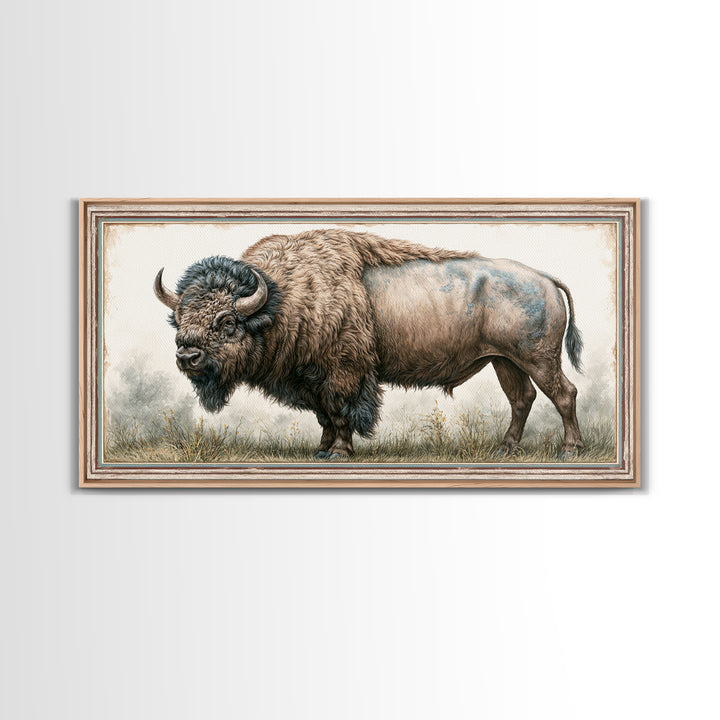 Buffalo Portrait with Western Texture Canvas Print, Rustic Art, Textured Painting, Farmhouse Decor, Fine Art, Rustic, RUS-2x1-66