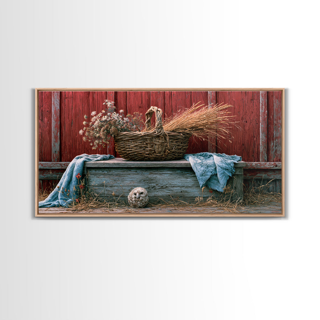 Handwoven Basket with Dried Grasses Canvas Print, Rustic Art, Oil Painting, Farmhouse Decor, Watercolor Art, Rustic, Modern Art, RUS-2x1-68