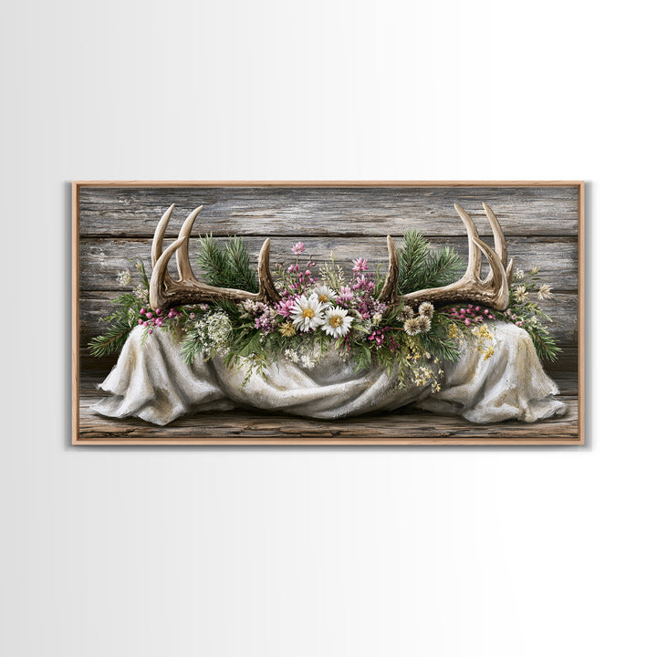 Deer Antlers with Pine Branches and Berries Canvas Print, Rustic Art, Painting, Farmhouse Decor, Oil Painting, Rustic, RUS-2x1-70
