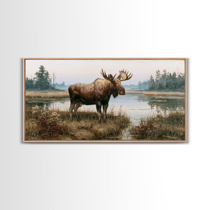 Moose Standing by a Quiet Lake Canvas Print, Rustic Art, Oil Painting, Farmhouse Decor, Fine Art, Rustic, Modern Art, RUS-2x1-77