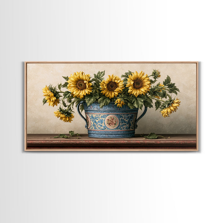 Sunflowers in a Metal Bucket Framed Canvas Print, Rustic Art, 3d Wall Art, Farmhouse Decor, Oil Painting, Rustic, RUS-2x1-80