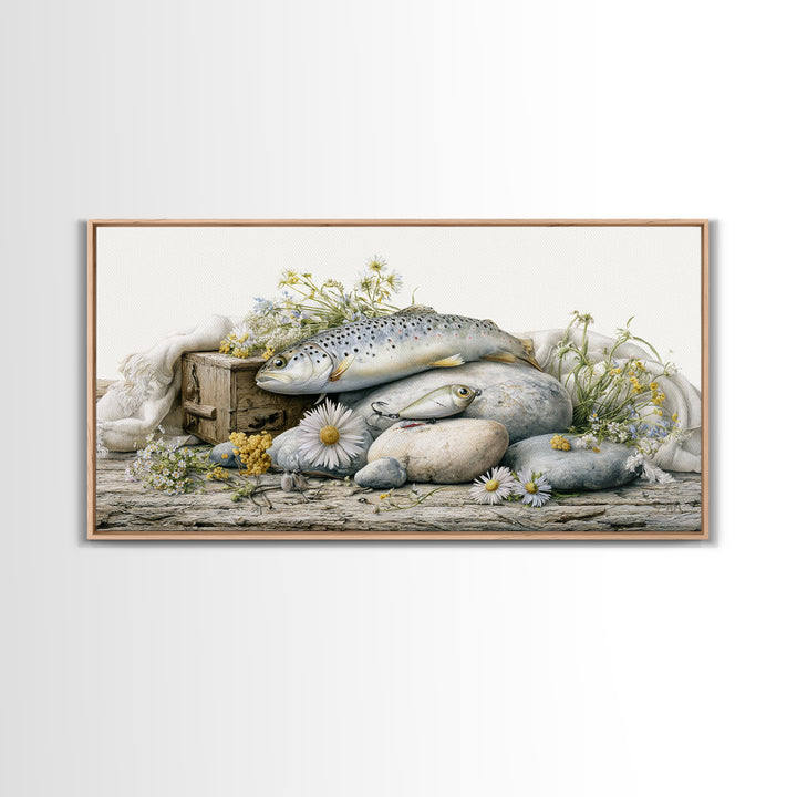Trout Fishing Lure and River Stones Canvas Print, Rustic Art, Wall Art, Farmhouse Decor, Fine Art, Rustic, Living Room Decor, RUS-2x1-82