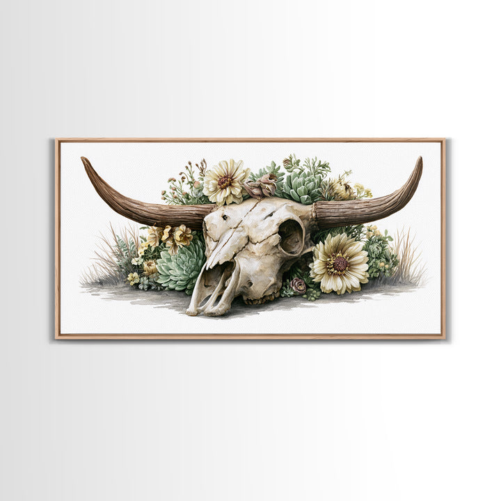 Cow Skull with Desert Flowers Framed Canvas Print, Rustic Art, Wood Wall Art, Farmhouse Decor, Rustic, Eclectic Wall Art, RUS-2x1-85